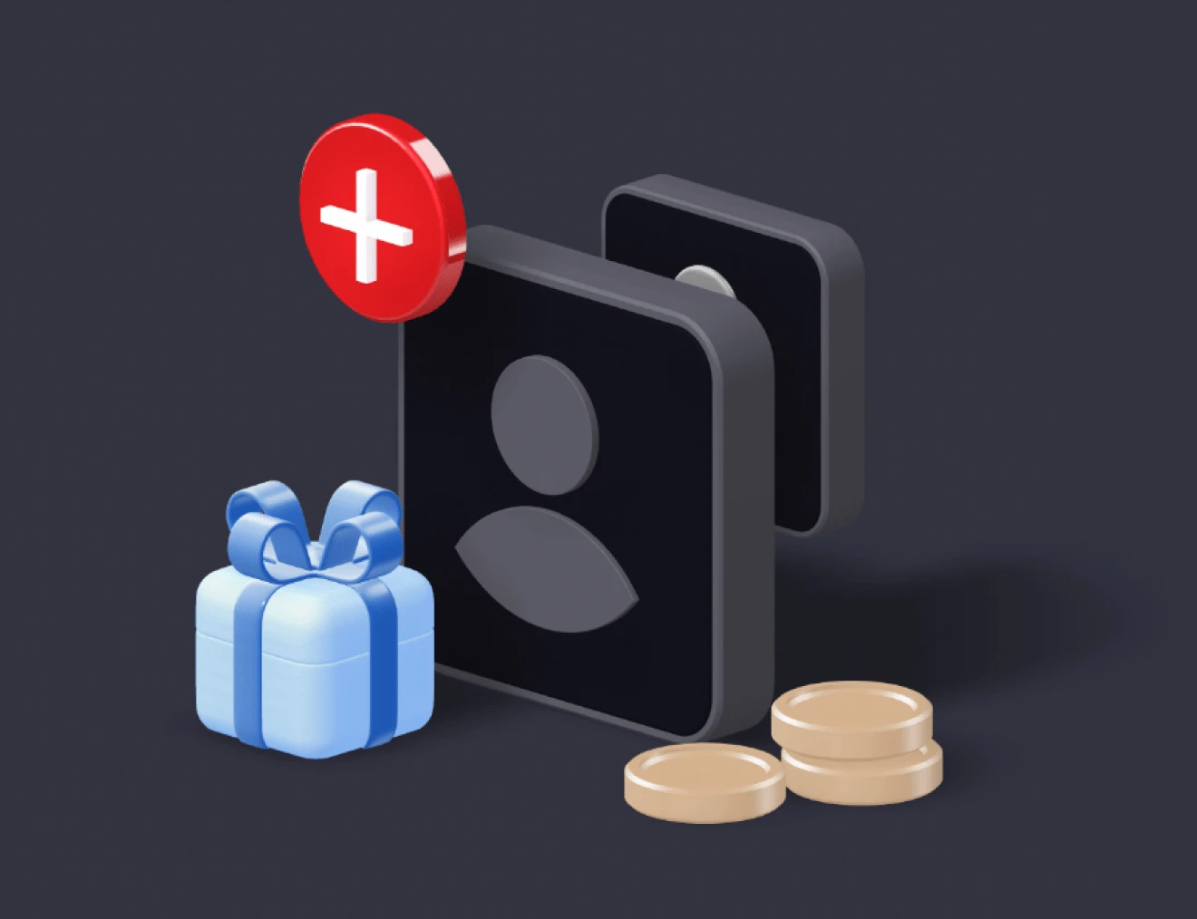 Зображено блакитну подарункову коробочку та три монети на передньому плані. На задньому фоні два профайла клієнта.