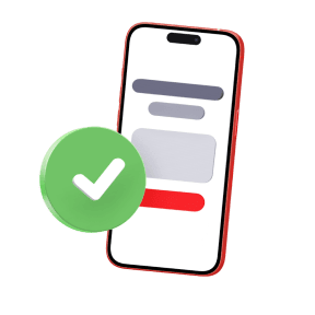 Без відвідування відділень. Оформлюйте депозит в будь-який час доби без черг та докуметів. Зображено символом чекмарк("галочка") на фоні мобільного телефону, на якому зображено відкритий застосунок "ПУМБ Бізнес".