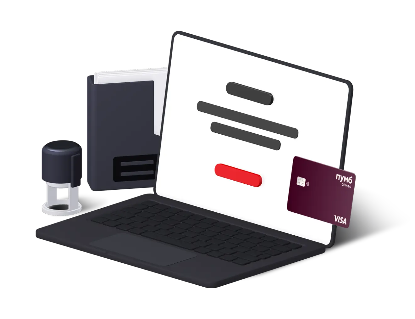 Ноутбук, на екрані якого зображено головне меню застосунку "ПУМБ Бізнес", печатка, органайзер та платіжна картка банка