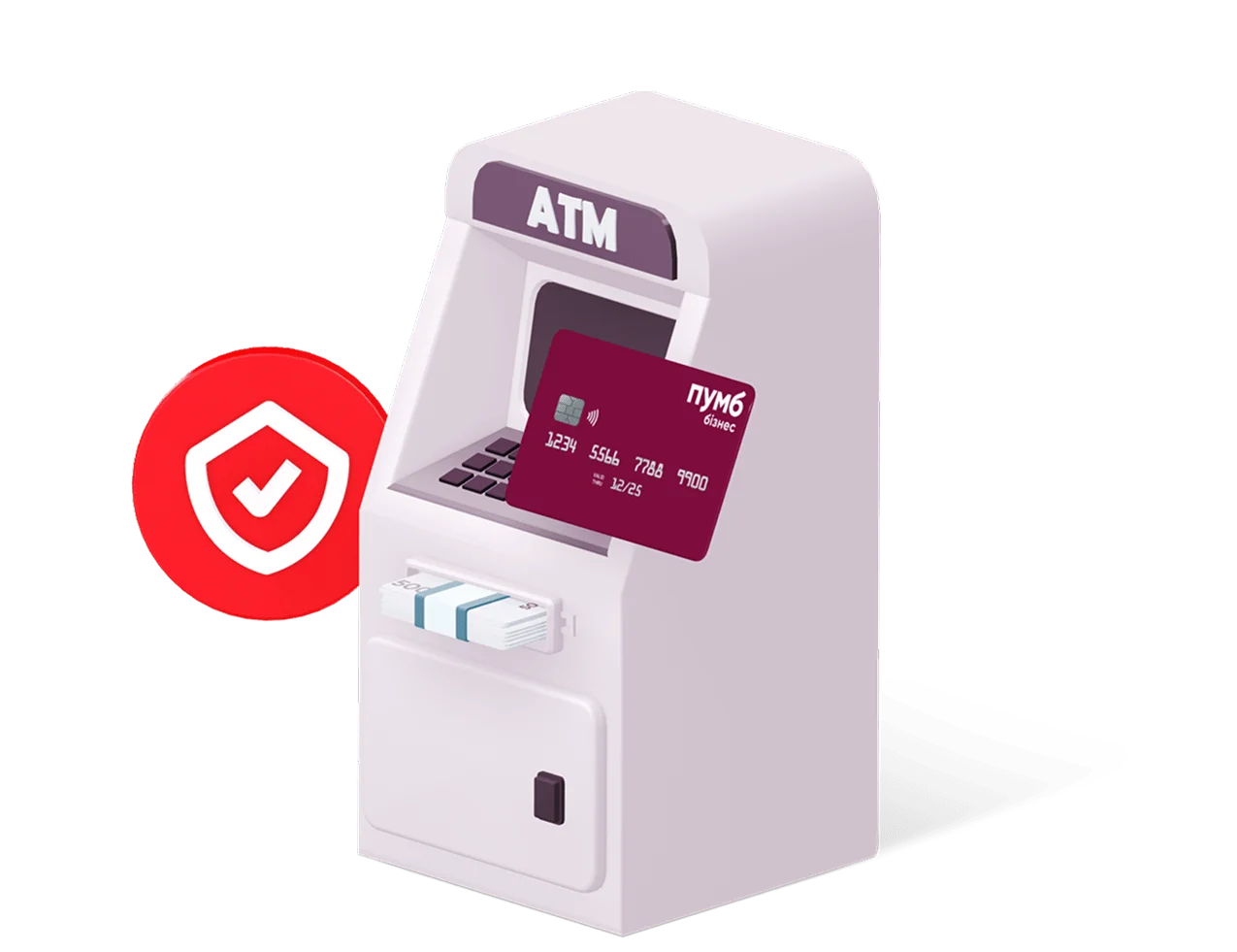 Корпоративна платіжна картка від "ПУМБ" та щит з значком чек-ін, як символ надійності та захищеності, на фоні банкомату