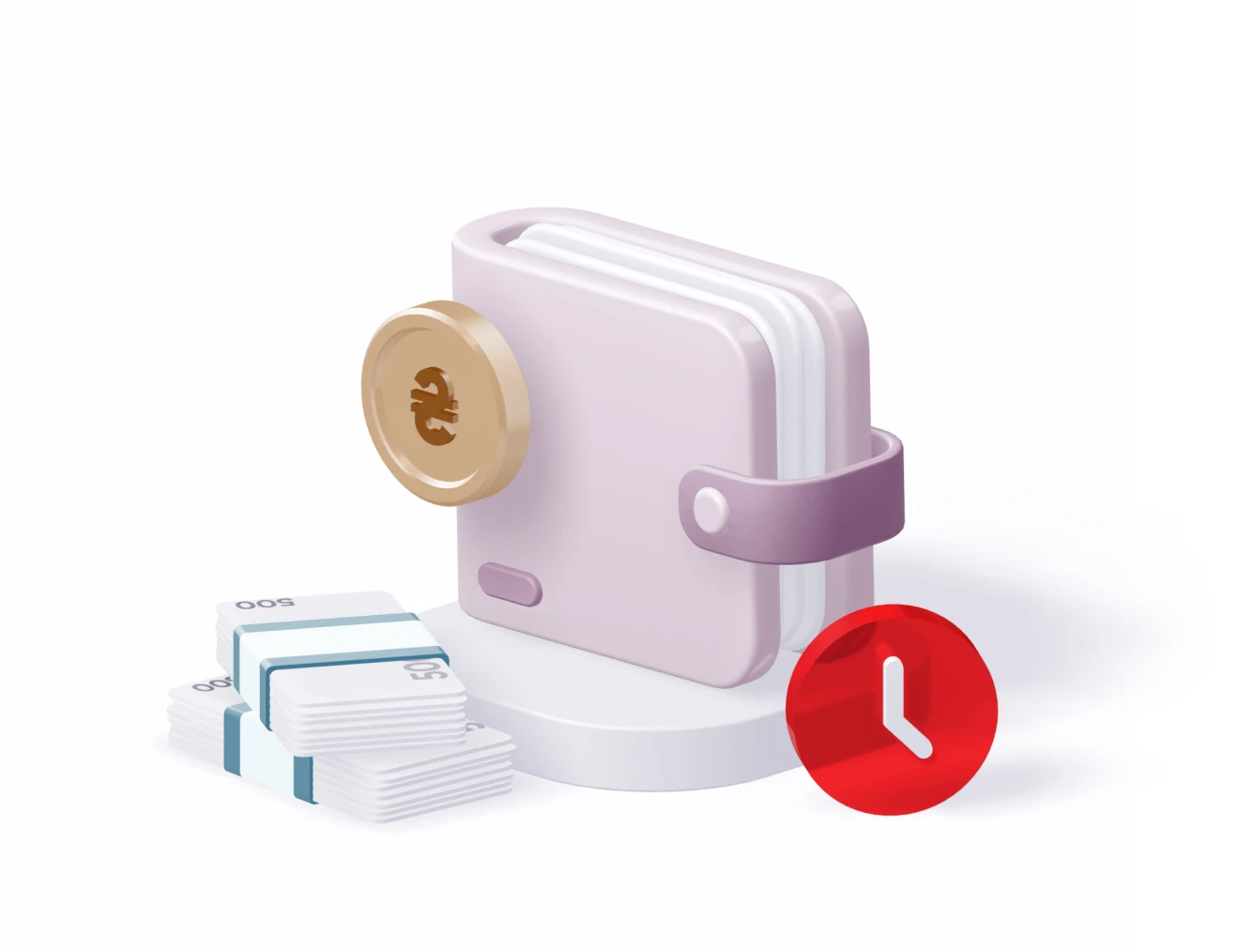 Депозит "Гнучкий". Мінімальна сума від 100 тисяч гривень,строк від 30 до 366 днів, ставка до 9,5%. Зображено гаманець на задньому плані. Таймер, стус банківських банкнот та монета на передньому плані .