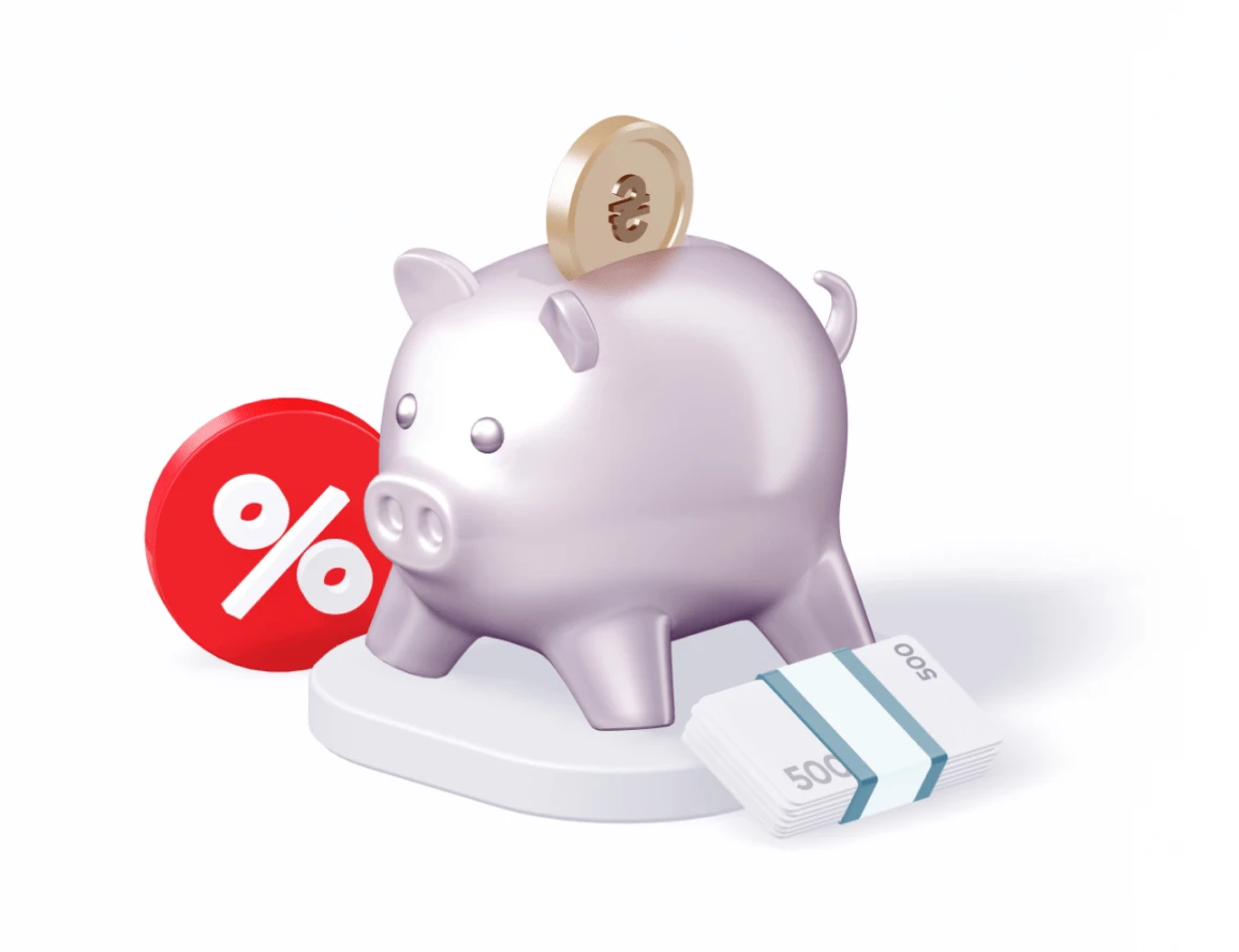 Головний банер депозиту "Стандартний".  Пропозиція подати заявку на використання продукту, натиснувши кнопку "Подати заявку".Зображена скарбничка в вигляді порося, символ "відсотка", стус банківських банкнот.