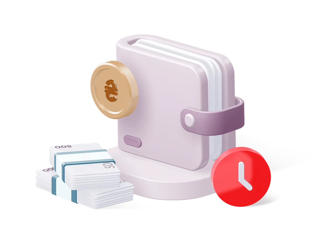 Депозит "Гнучкий". Мінімальна сума від 100 тисяч гривень,строк від 30 до 366 днів, ставка до 9,5%. Зображено гаманець на задньому плані. Таймер, стус банківських банкнот та монета на передньому плані .