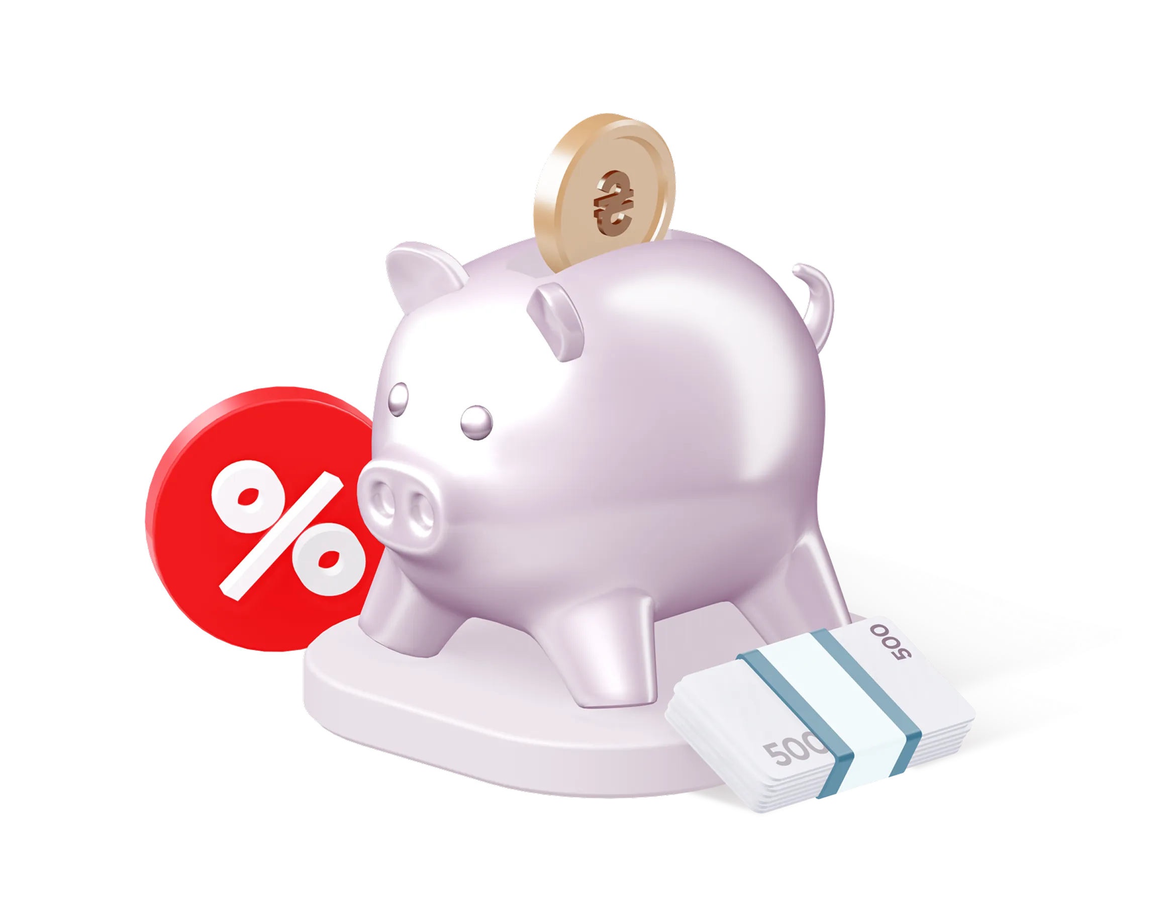 Депозит "Стандартний". Оформлення онлайн.Мінімальна сума 100 тисяч гривень,строк від 2 до 366 днів, ставка до 11%. Зображено скарбничка в вигляді порося, символ "відсотка", стус банківських банкнот.