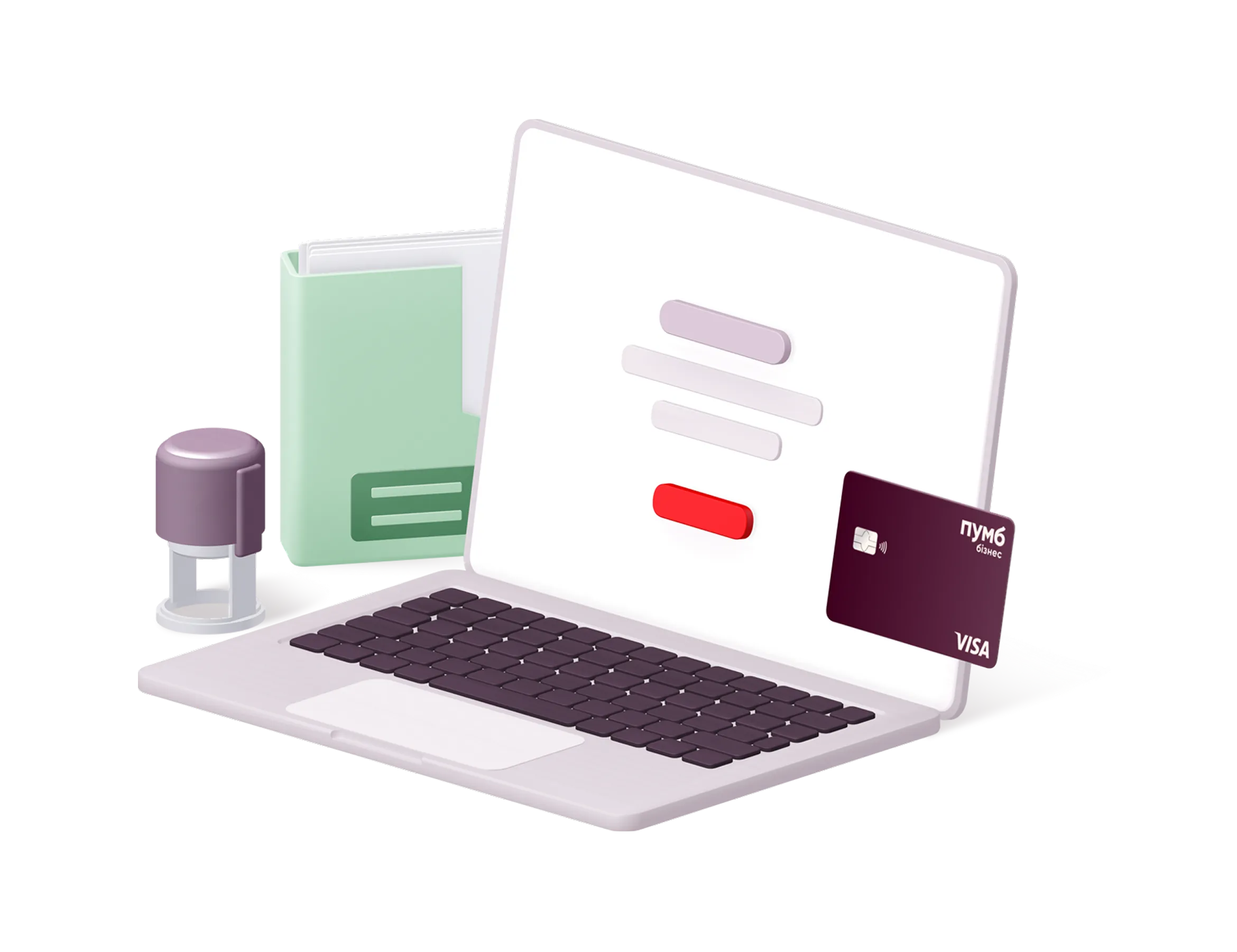 Ноутбук, на екрані якого зображено головне меню застосунку "ПУМБ Бізнес", печатка, органайзер та ручка,платіжна картка банка