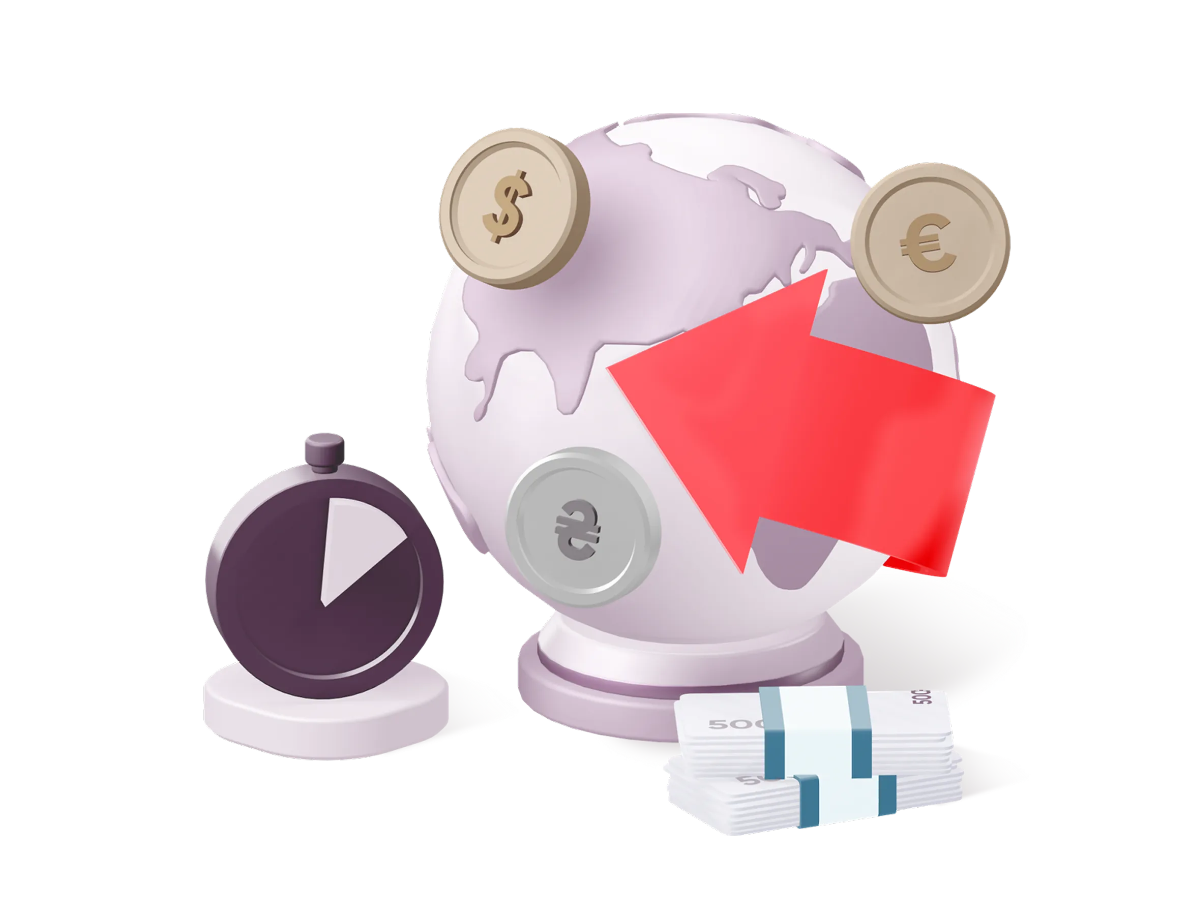Глобус зі стрілочкою ліворуч, що показує обертання глобусу, поруч дві пачки банкнот та символ годинника