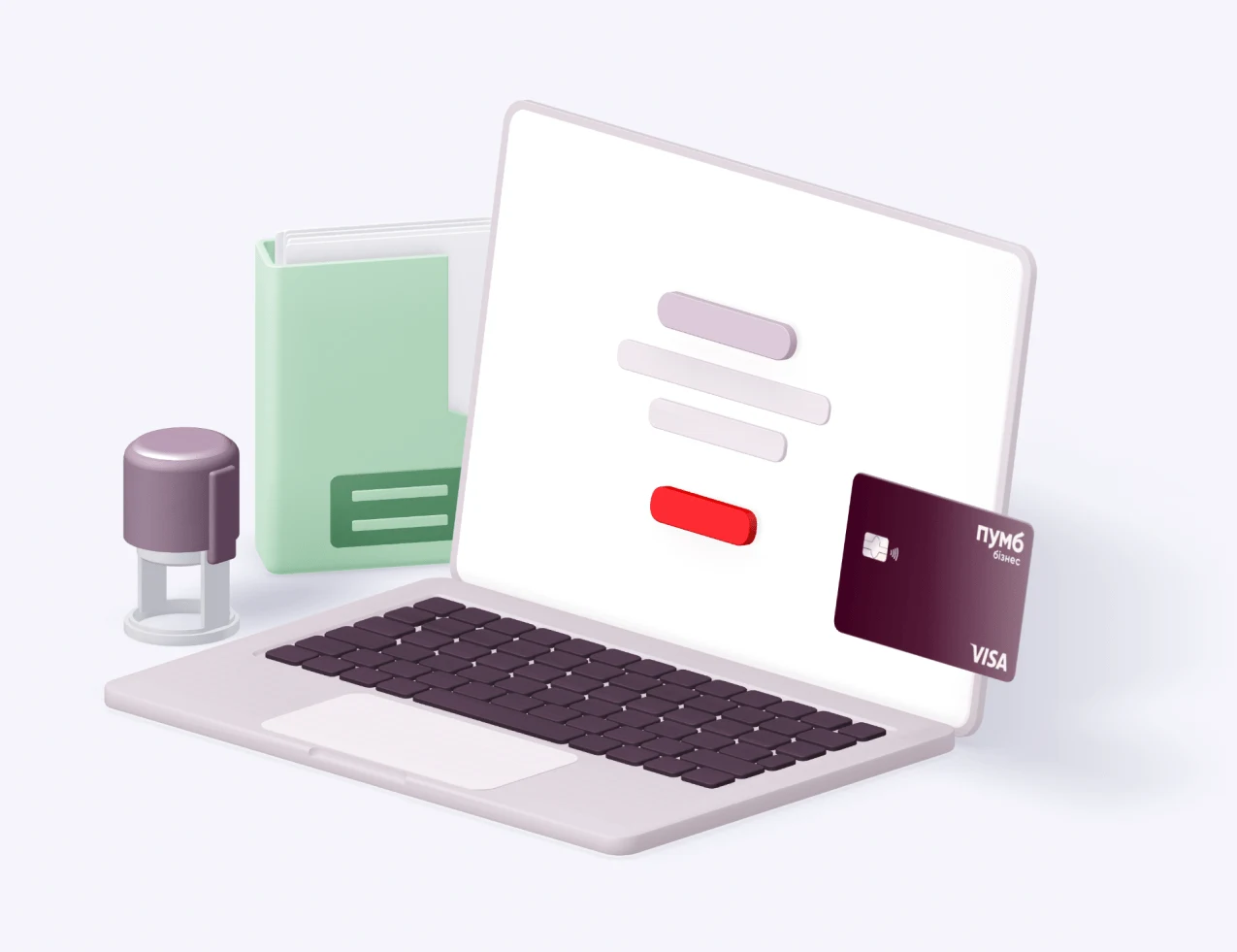 Ноутбук, на екрані якго відображається застосунок "ПУМБ Бізнес", платіжна картка "Visa" від "ПУМБ", папка з паперовими документами та печатка